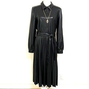 Black Faux Leather Pleated Skirt Dress